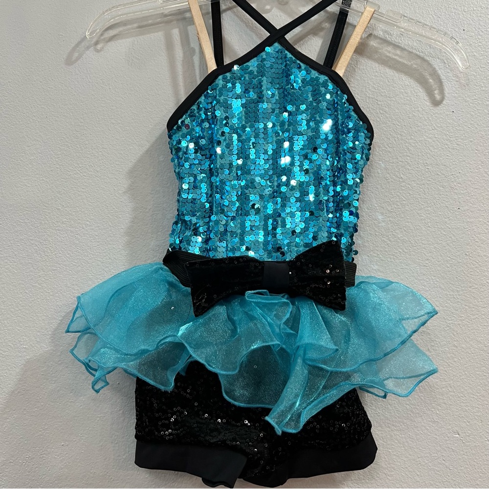 Weissman Sequined Dance Tutu Halter Top Attached Sequined Shorts Bow at Waist